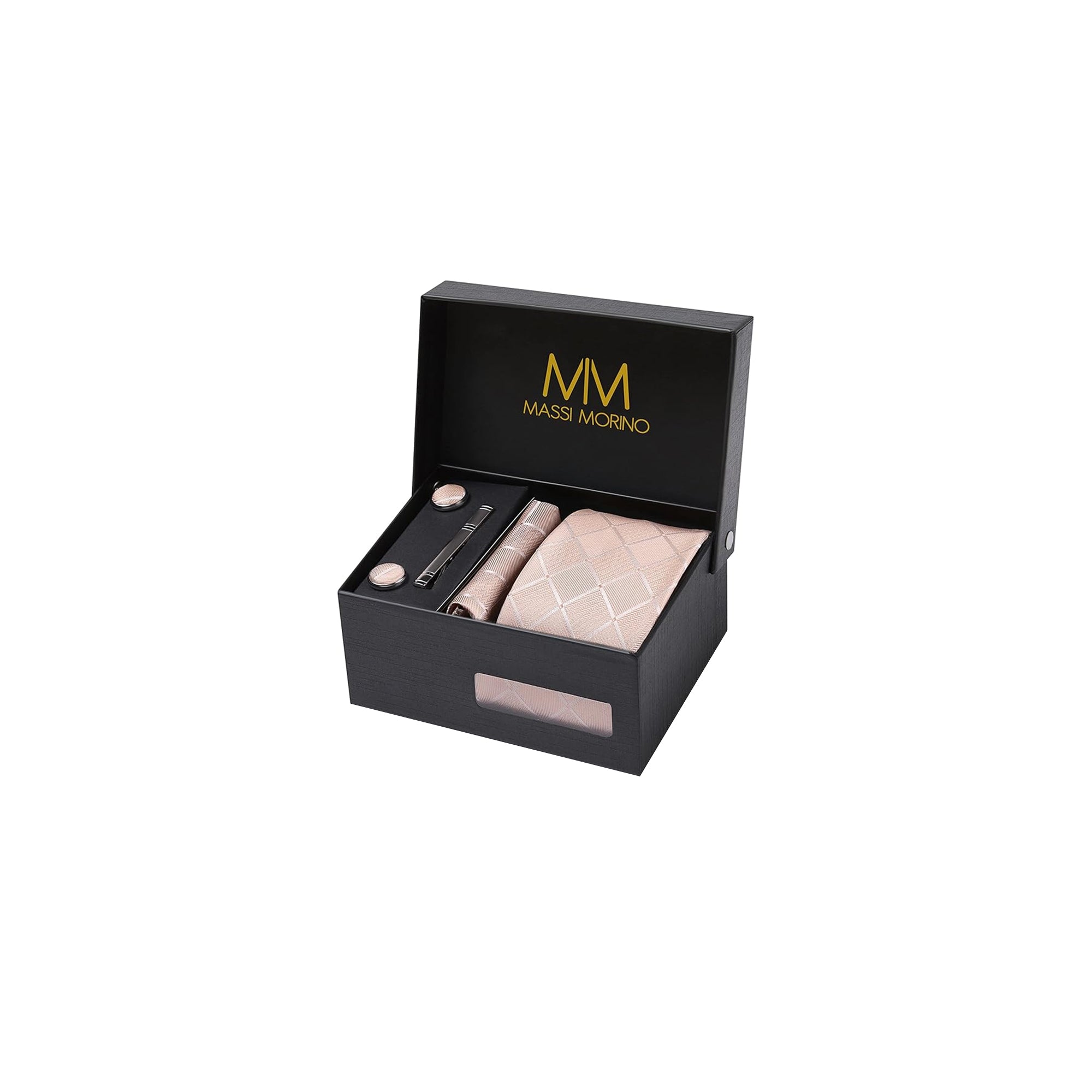Massi Morino Mens Tie Set with Pocket Square Cufflinks Tie Clip Gift Box Wedding Champagne One Size