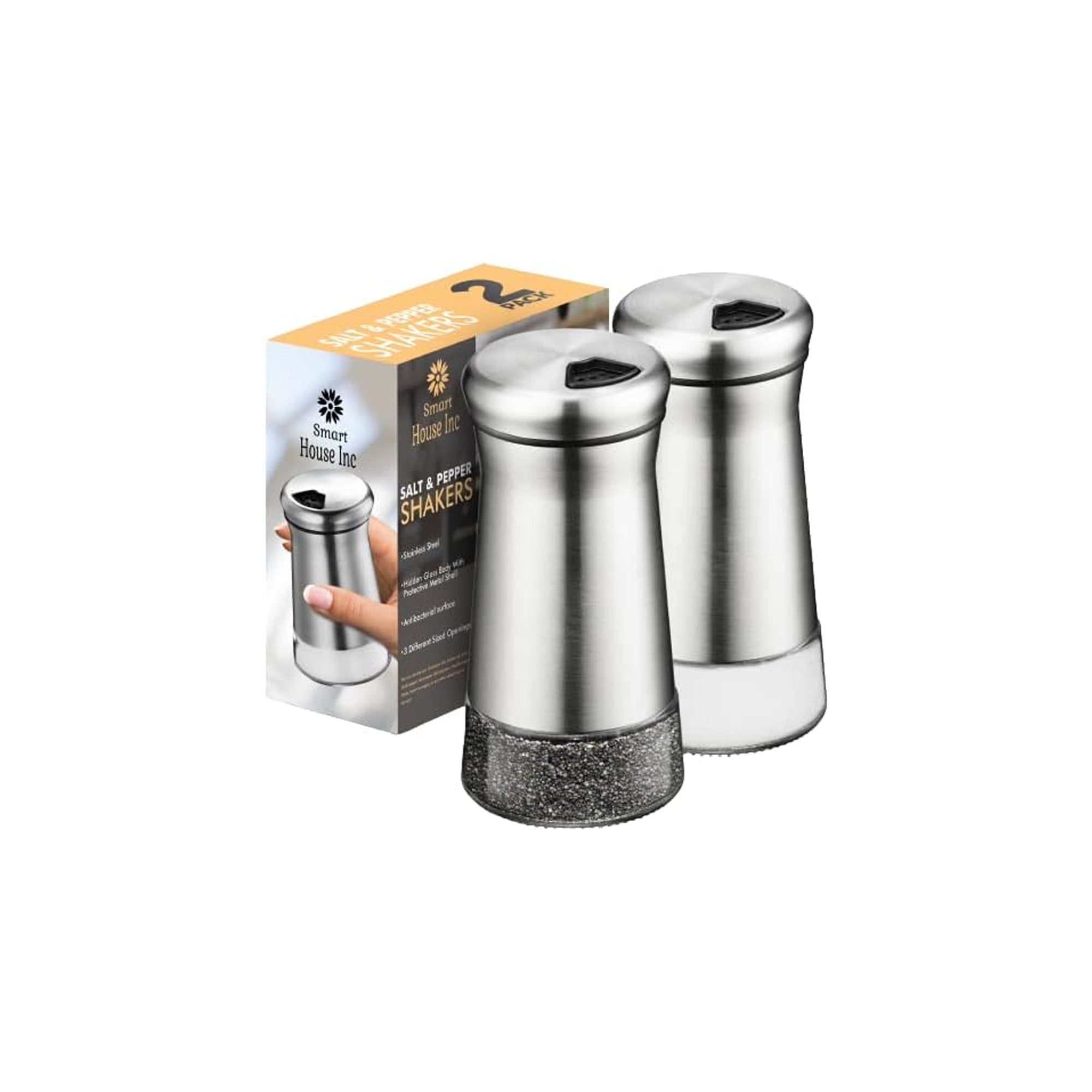 Smart House Inc Salt and Pepper Shakers Set – Stainless Steel & Glass Spice Dispensers with Adjustable Pour Holes, Set of 2