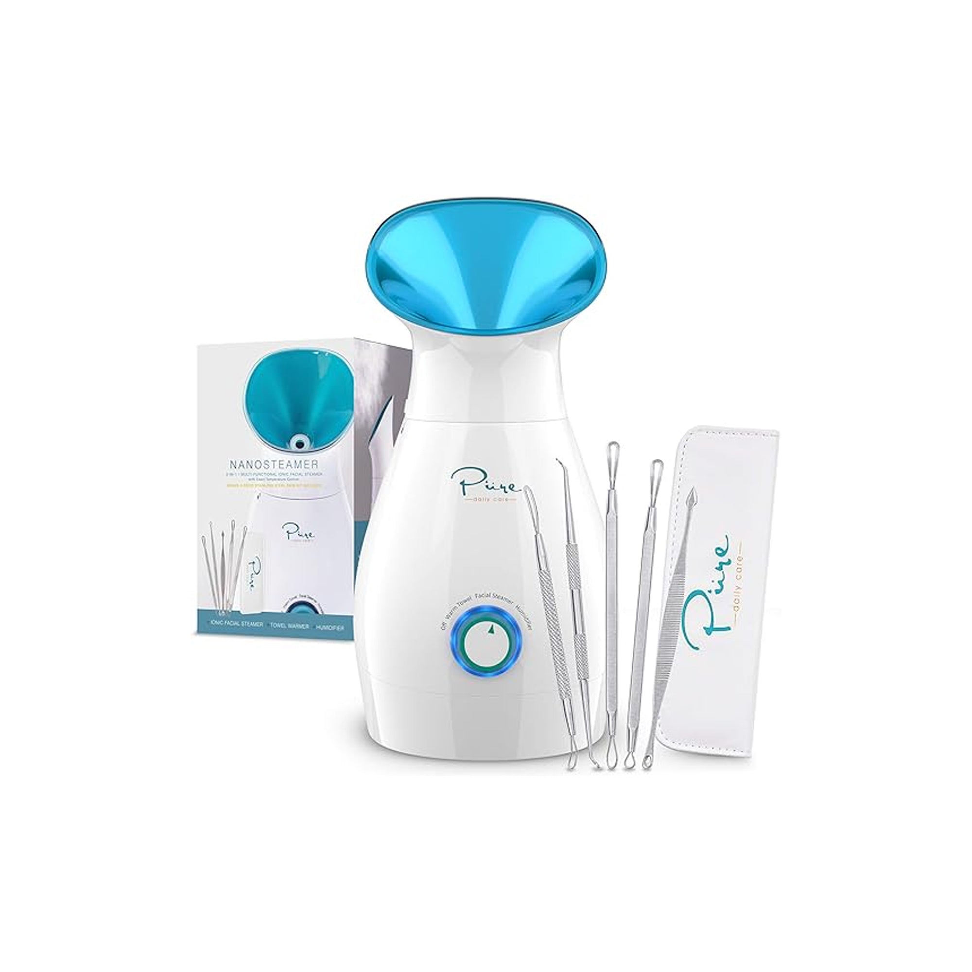 Pure Daily Care NanoSteamer Large 3-in-1 Nano Ionic Facial Steamer – Precise Temperature Control, Humidifier Function, Bonus 5-Piece Stainless Steel Skin Kit