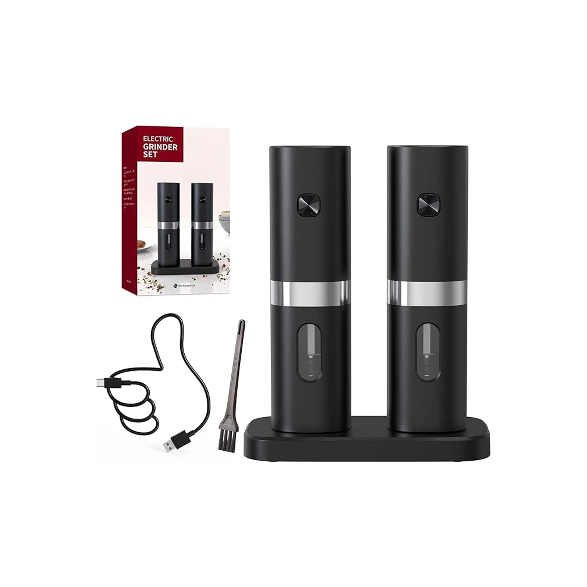 CIRCLE JOY Electric Salt & Pepper Grinder Set (2 Pack) Ÿ?? Rechargeable with Double Charging Station, Brush, Blue LED Light & Adjustable Coarseness