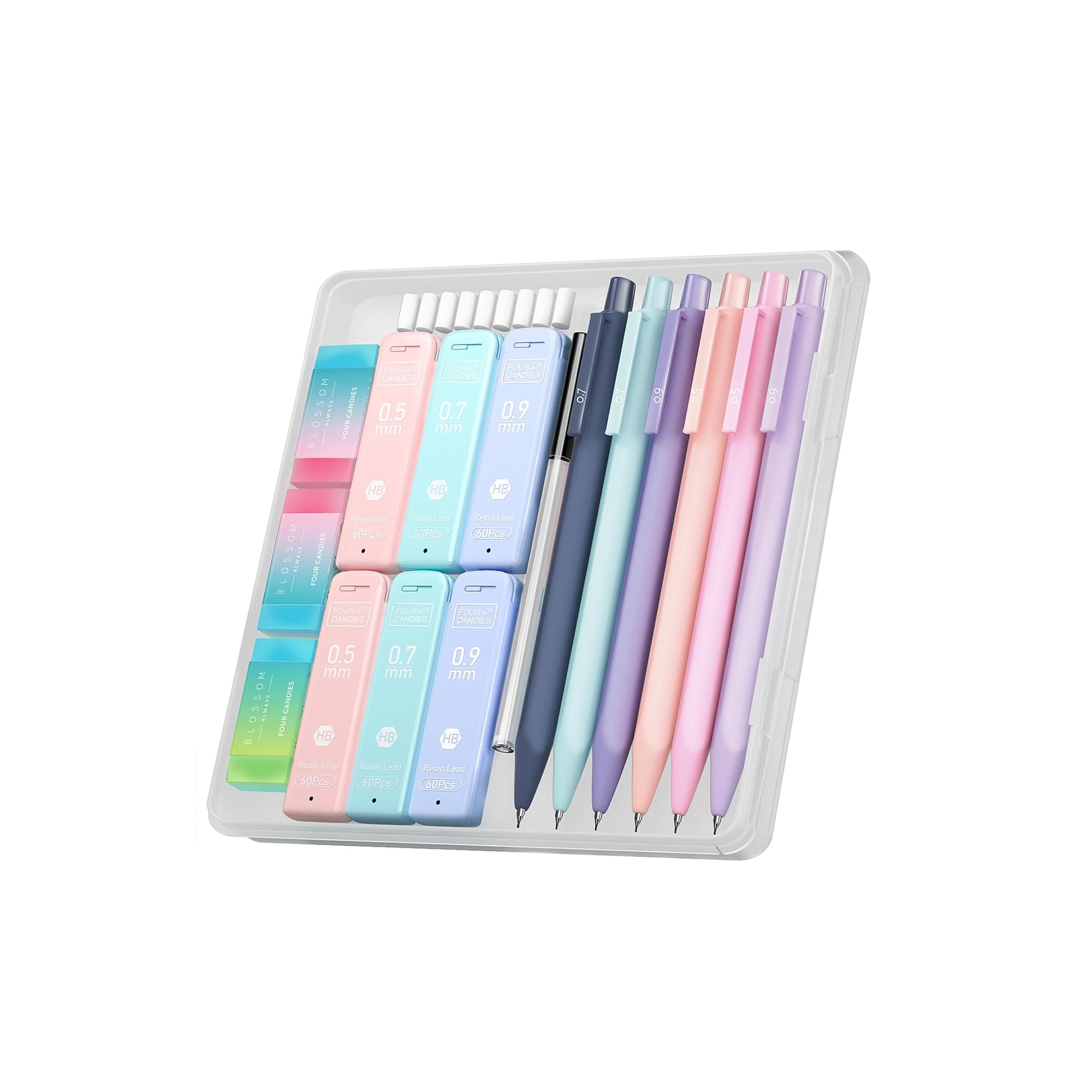FourCandies Pastel Mechanical Pencil Set 6PCS 0.5mm 0.7mm HB Lead Refills Erasers School Office