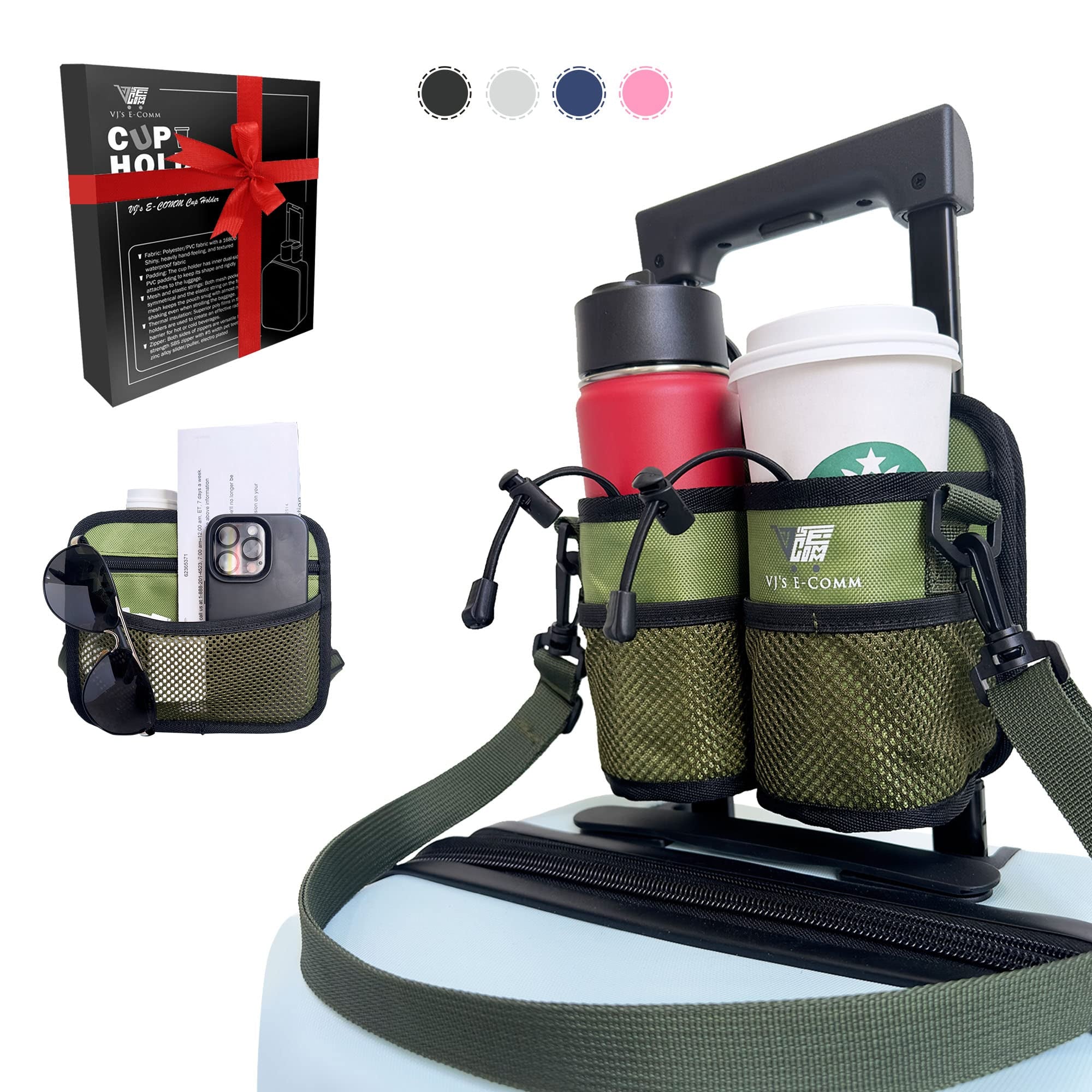 Travel Cup Holder for Luggage, Walker, Wheelchair & Stroller Ÿ?? Coffee Caddy with 2 Thermal Mug Slots and 2 Pockets