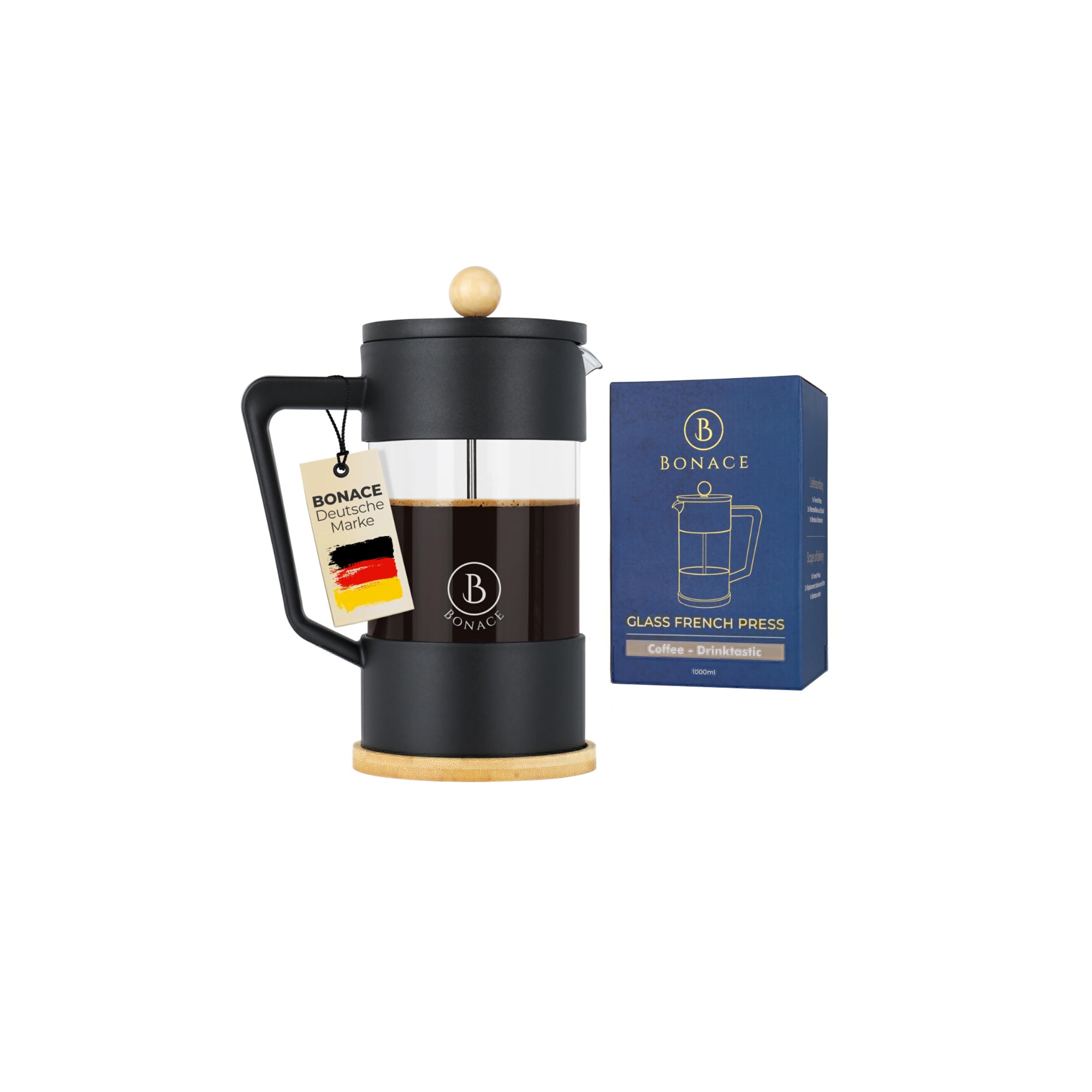 BONACE French Press Coffee Maker Ÿ?? 5 Cups (1L) Glass with 2 Replacement Stainless Steel Filters, Black