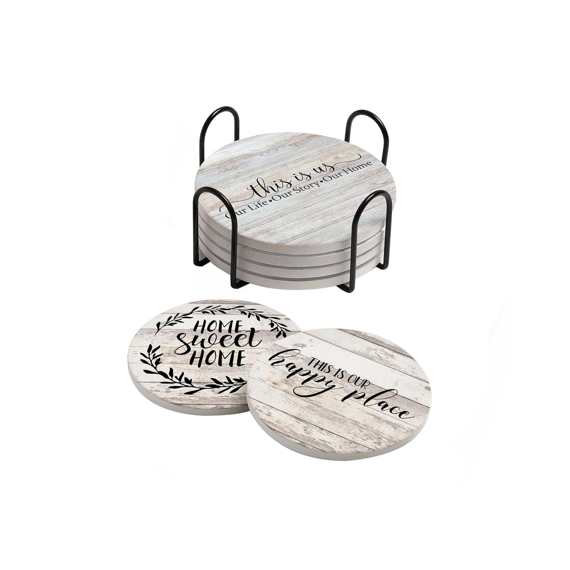 Farmhouse Ceramic Drink Coasters Ÿ?? Set of 6 with Holder, Cork Backing for Table Protection