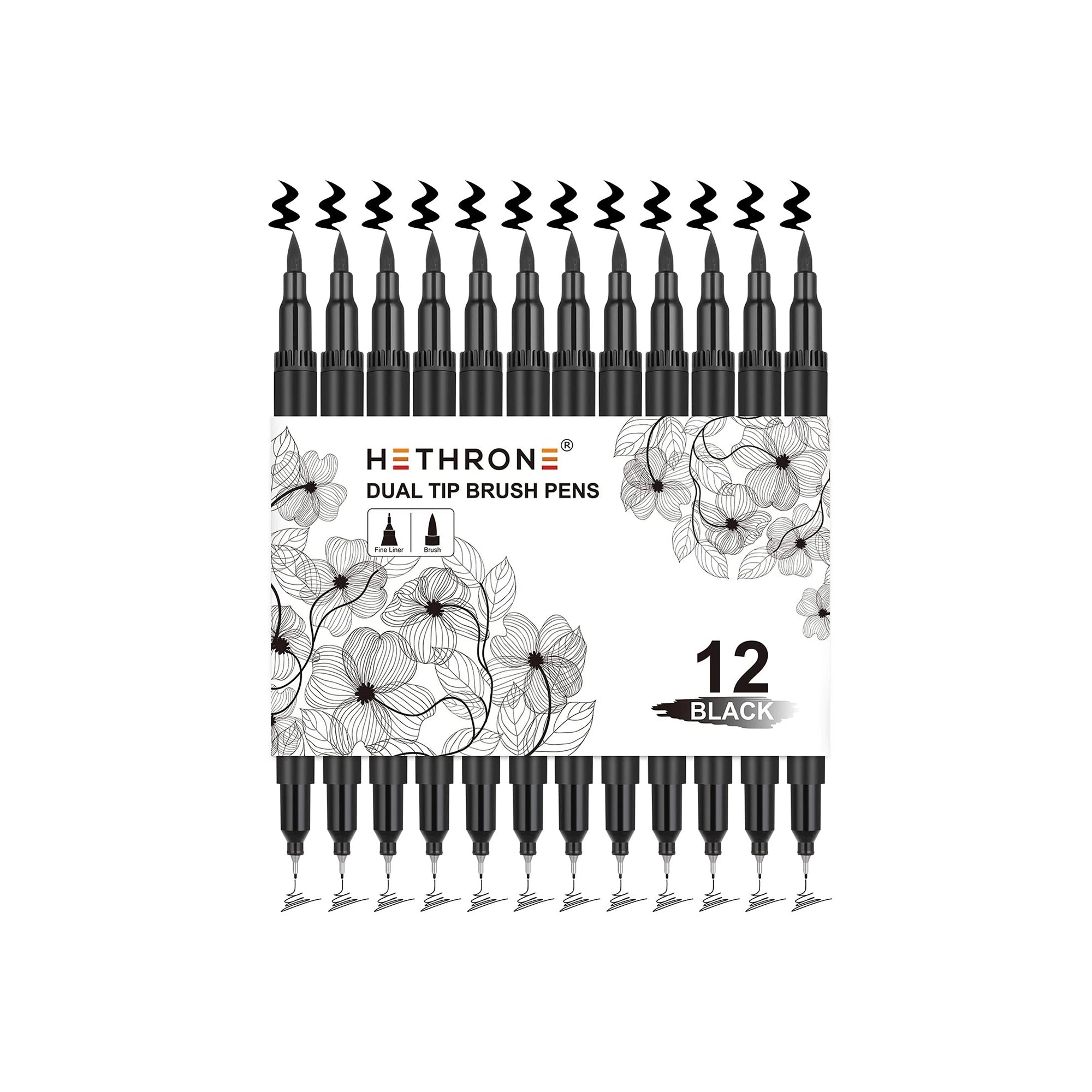 Hethrone Black Dual Brush Marker Set 12 Pens for Adult Coloring Books