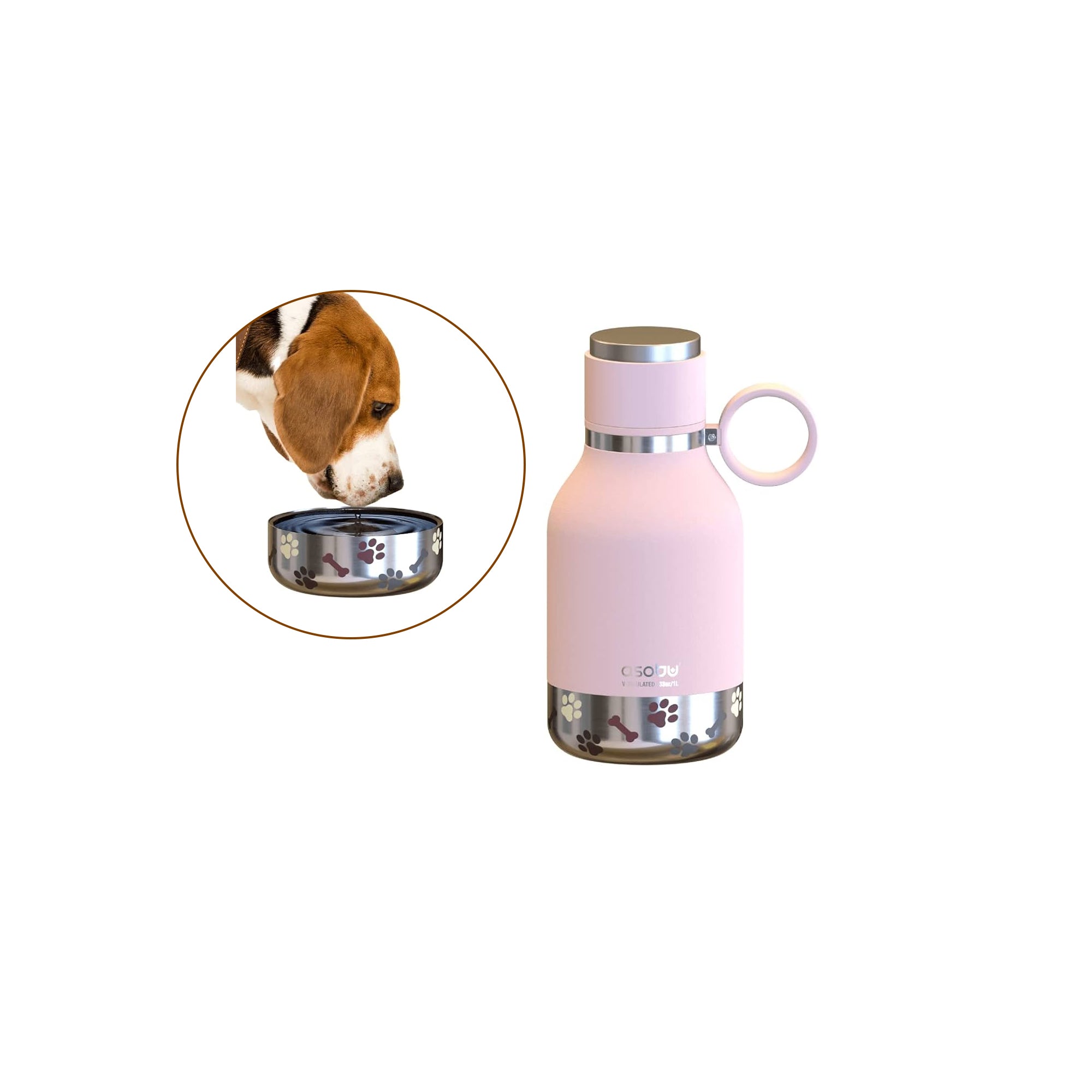 Asobu 1L Stainless Steel Insulated Bottle with Attached Dog Bowl Ÿ?? Pink