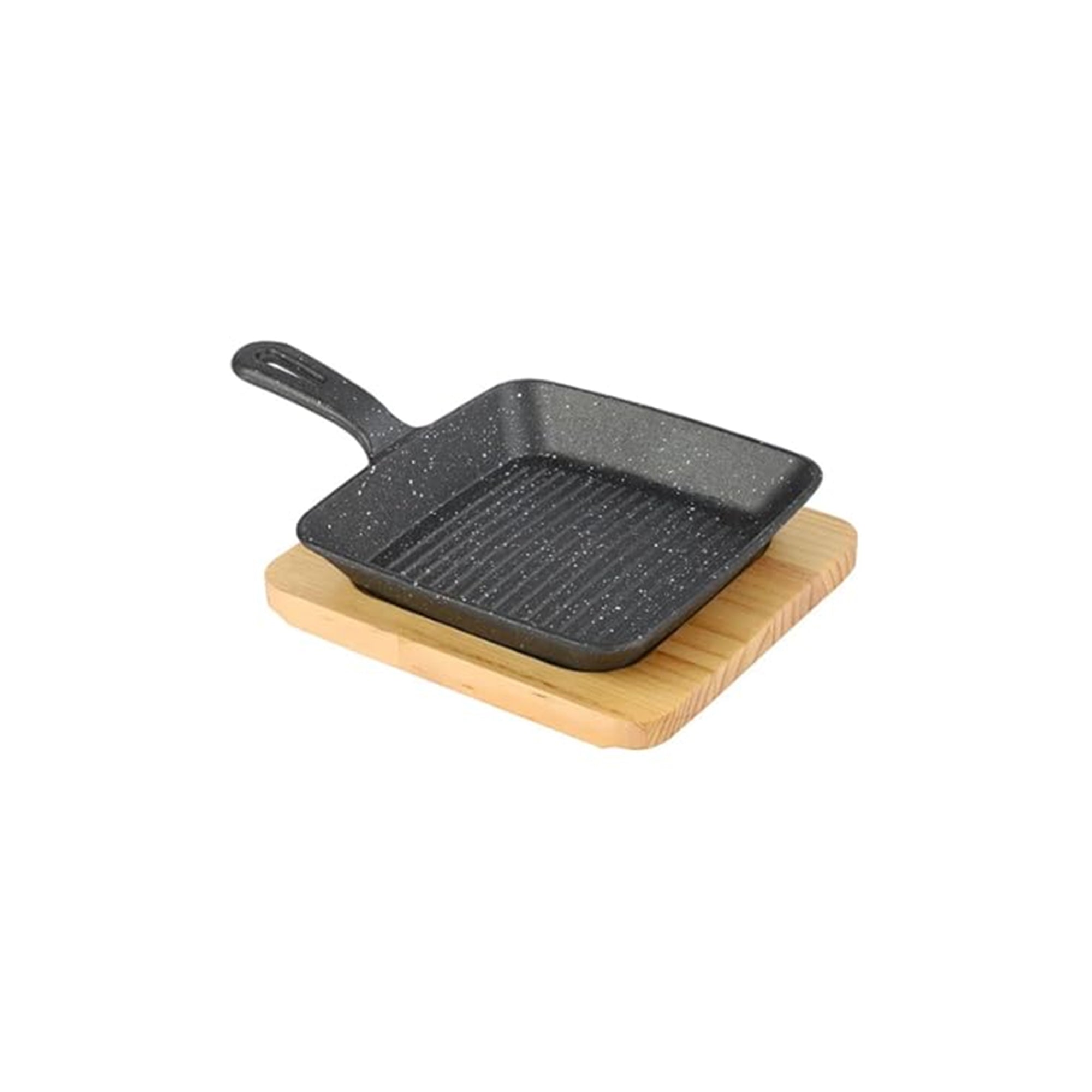 Square Grill Pan Ÿ?? 15.5 x 6.5 Inch with Wood Base, Serving Sizzle Pan for Table Presentation