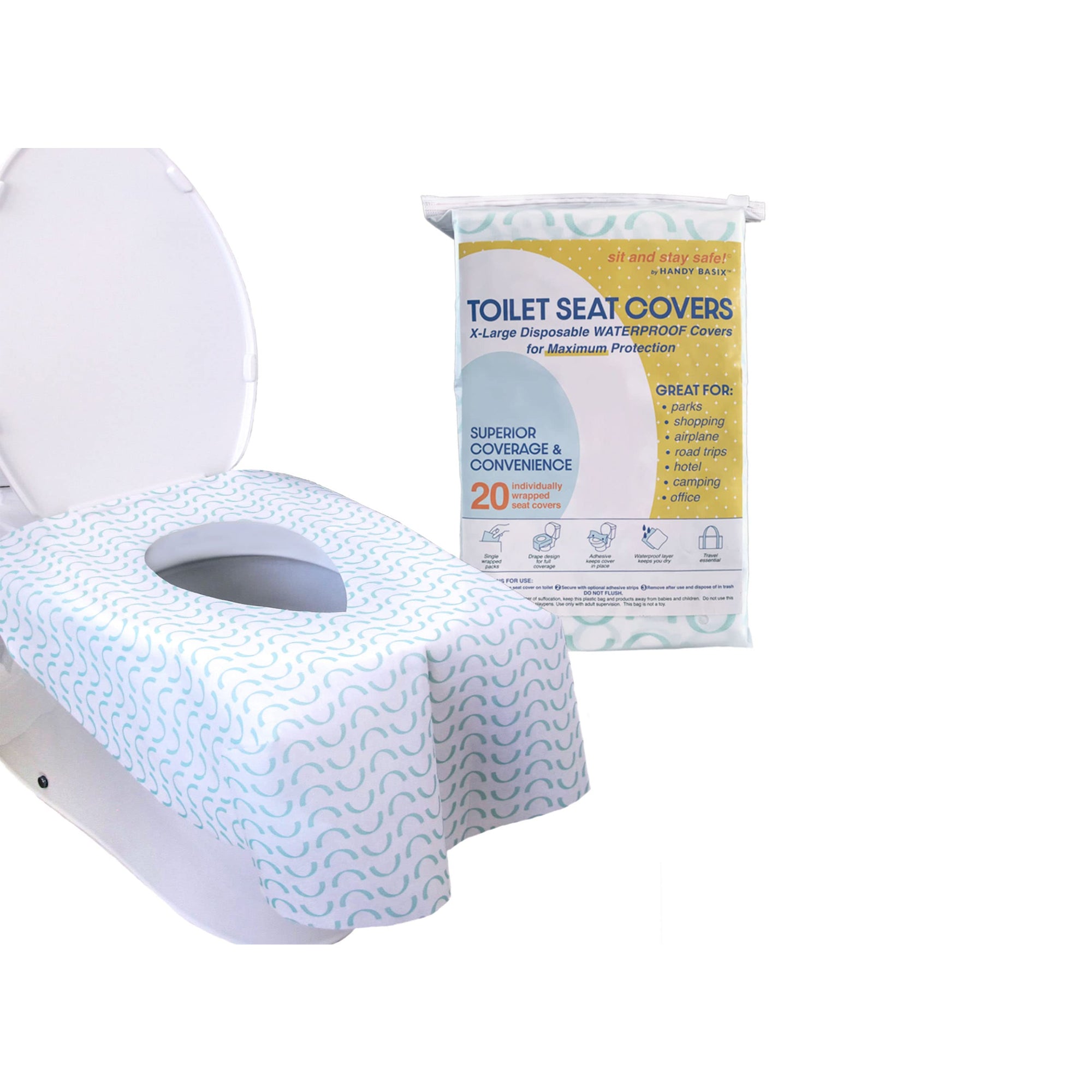 Handy Basix XL Disposable Toilet Seat Covers – Full Coverage, Waterproof, 20 Pcs, Single Wrapped for Kids, Adults & Potty Training (Curves)