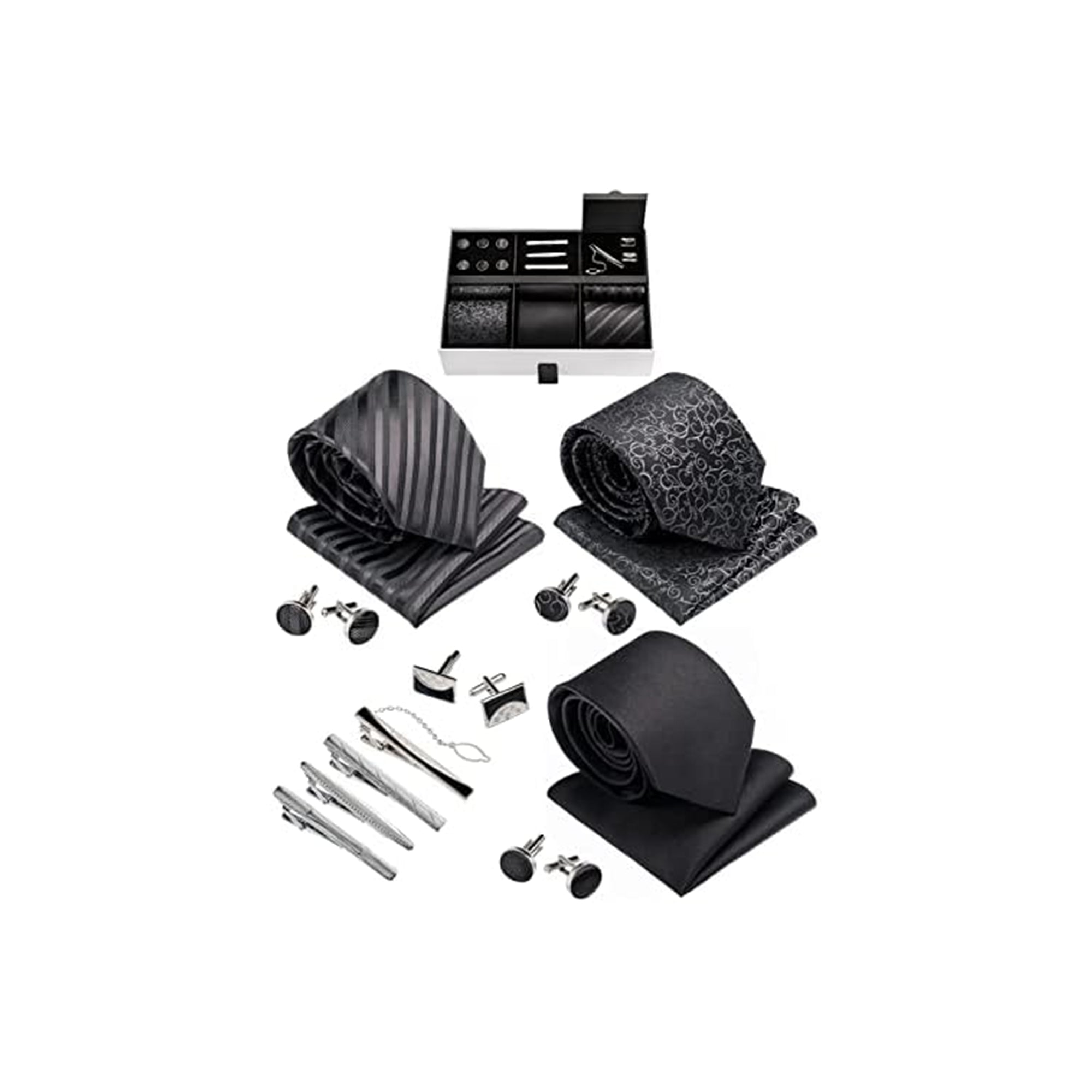Premium MenŸ??s Gift Tie Set Ÿ?? Silky Necktie with Pocket Square, Tie Clip & Cufflinks