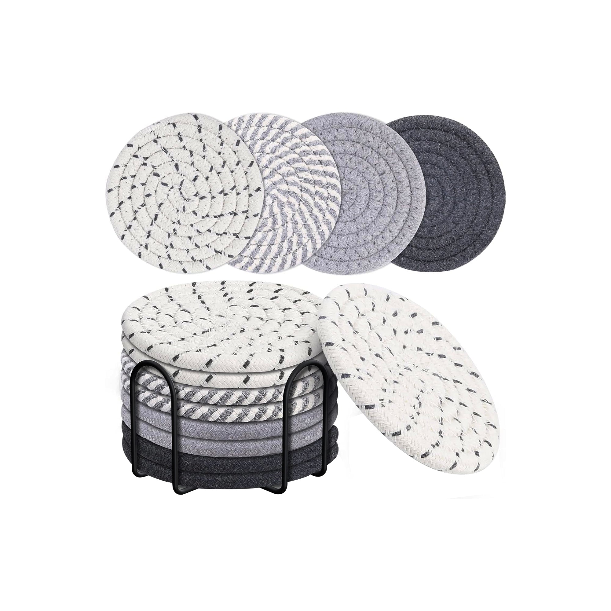 Mckanti Drink Coasters with Holder Ÿ?? 8-Piece Absorbent Cotton Woven Set, 4 Colors, Minimalist Home Decor