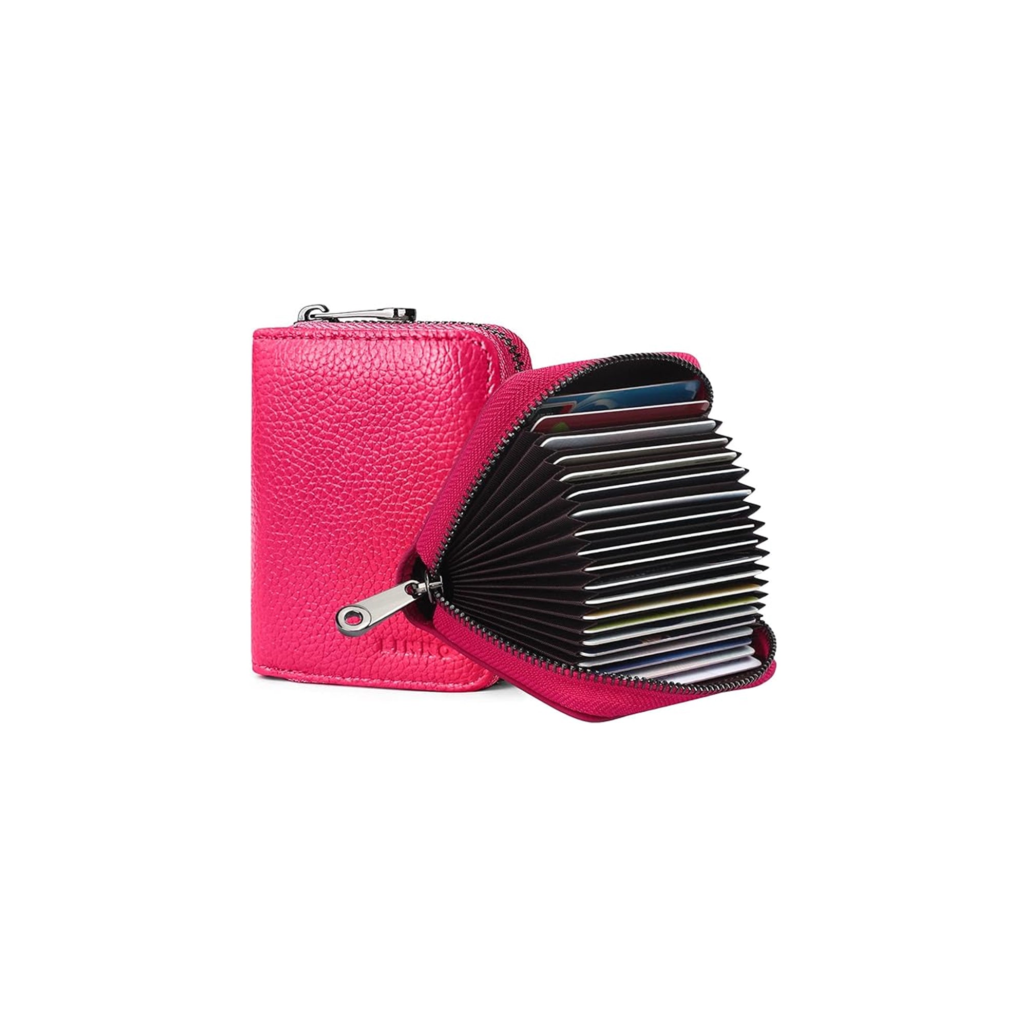 Linno RFID Credit Card Holder 20 Card Slots Genuine Leather Accordion Wallet with Zipper Rose Red