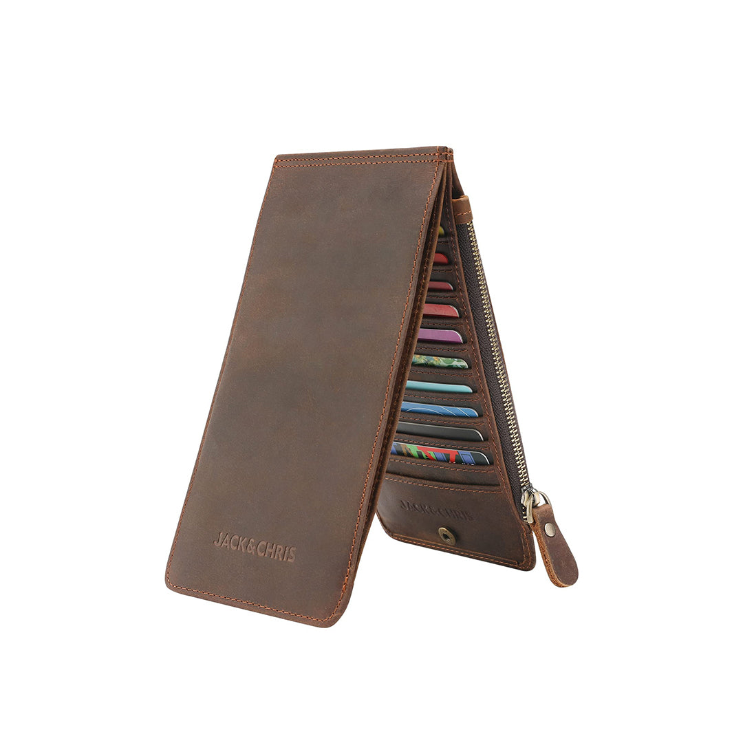 Jack&Chris Leather Multi Card Organizer Wallet Thin Credit Card Holder with Zipper Pocket MBNM026 Dark Brown