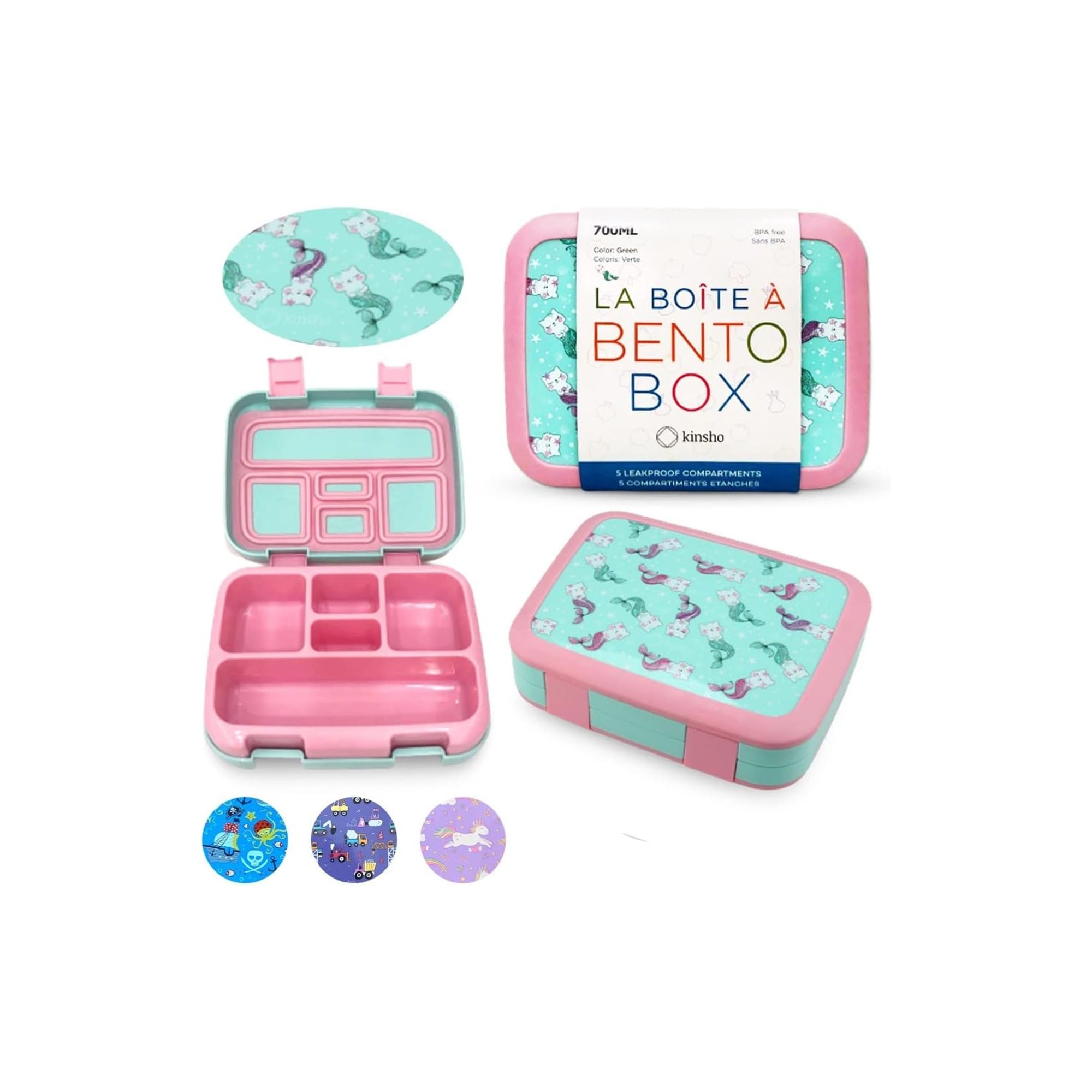 Kinsho Kids Bento Lunch Box Ÿ?? 5-Compartment Portion Control Snack Container, Aqua Cat & Mermaid Design