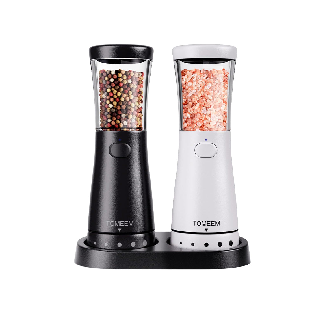 Electric Salt & Pepper Grinder Set (2 Pack) Ÿ?? Stainless Steel, Rechargeable with LED Light, Adjustable Ceramic Grinder & Cleaning Brush