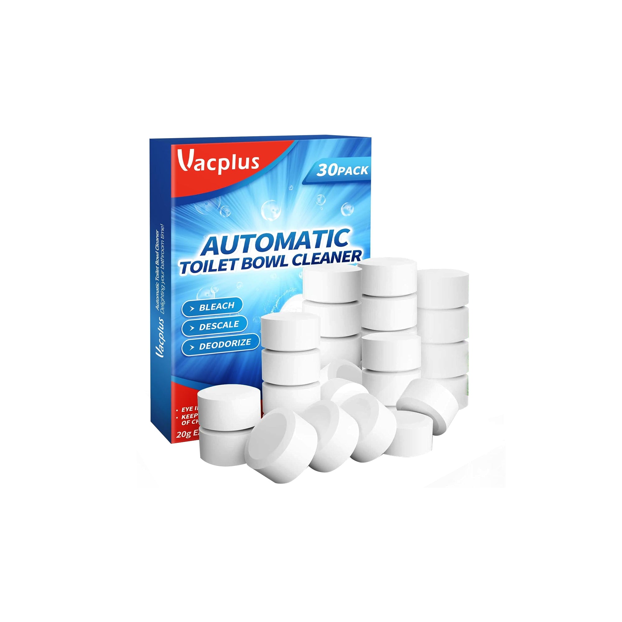 Vacplus Toilet Bowl Cleaner Tablets Ÿ?? 30-Pack, Automatic Deodorizing & Descaling with Long-Lasting Bleach