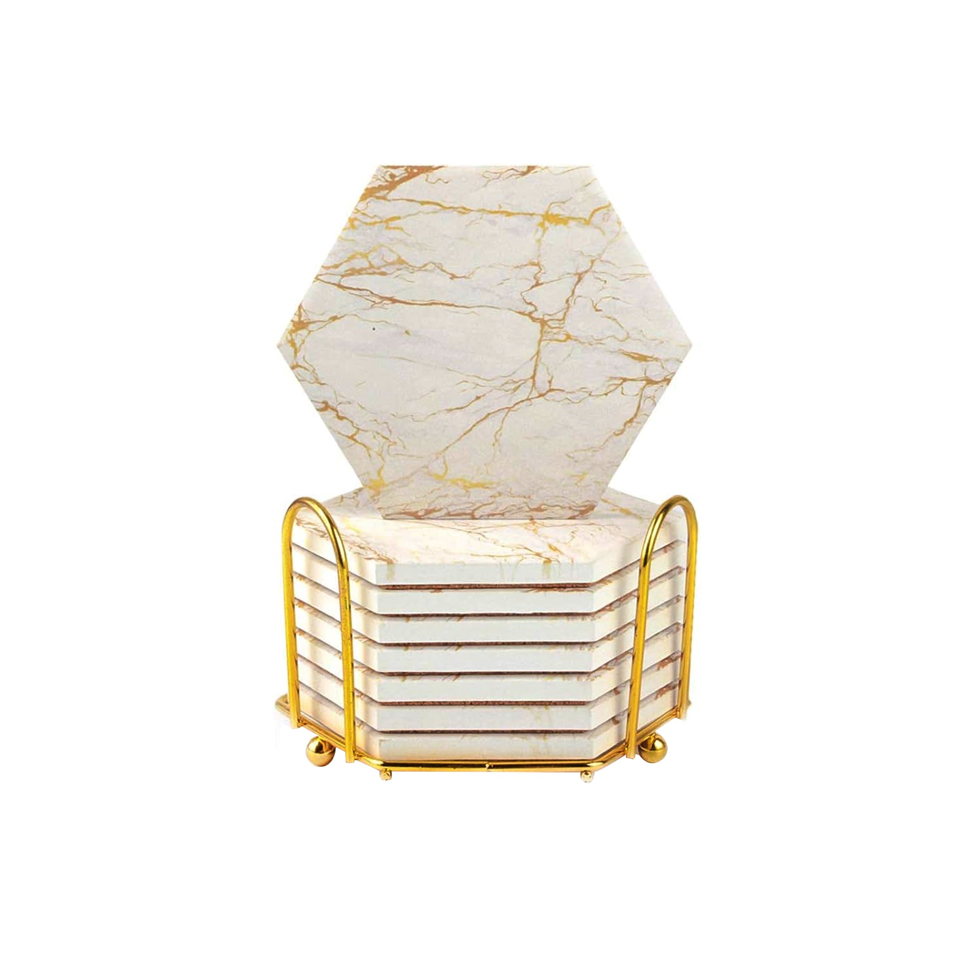 Marble Coasters for Drinks Absorbent with Cork Base 8pcs Coaster Set with Metal Holder Gold Ceramic Cup Coasters