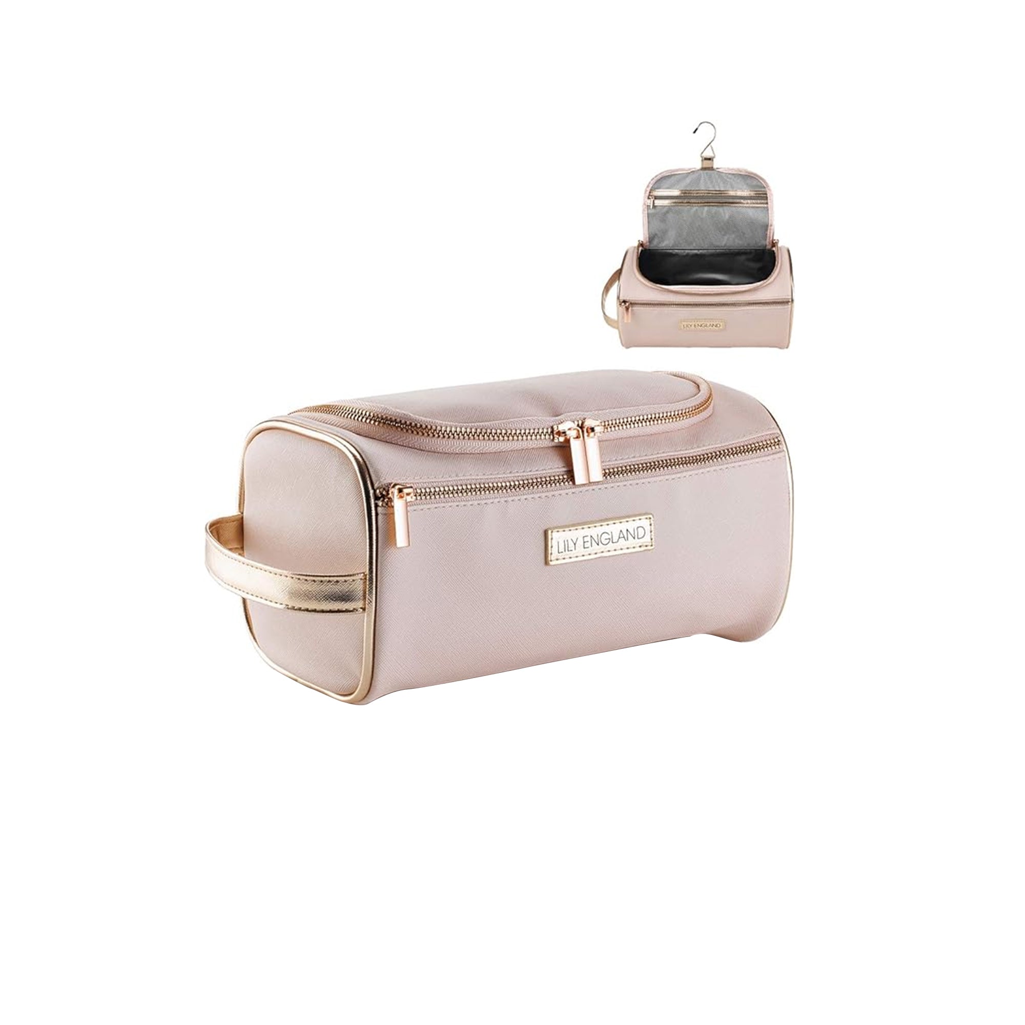 Lily England Hanging Toiletry Bag 28 cm Large Travel Wash Bag Makeup Bag with Insulated Cool Lining Pink Rose Gold