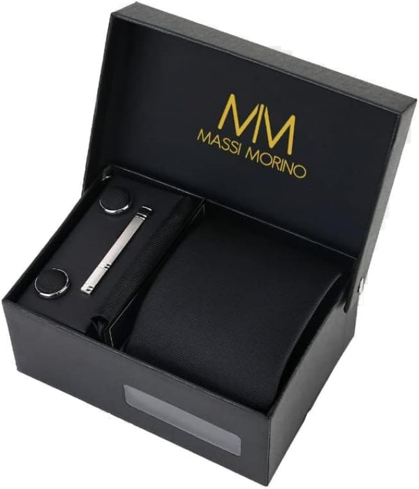 Massi Morino Men's Tie with Pocket Square Set Including Cufflinks, Tie Clip and Gift Box - Men's Tie Set for Wedding