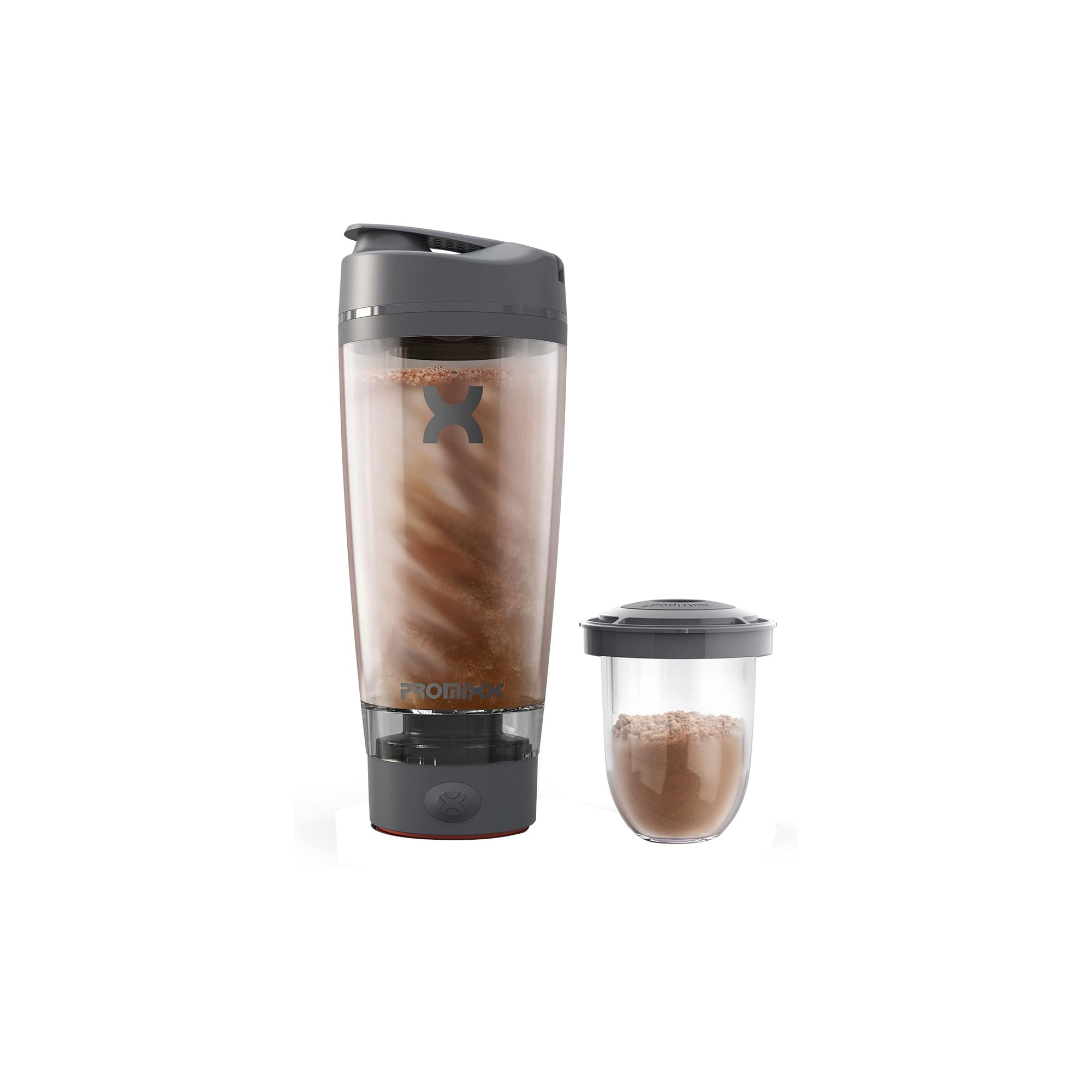 Promixx Pro Shaker Bottle | Rechargeable, Powerful for Smooth Protein Shakes | includes Supplement Storage - BPA Free | 20oz Cup (Cool Gray)