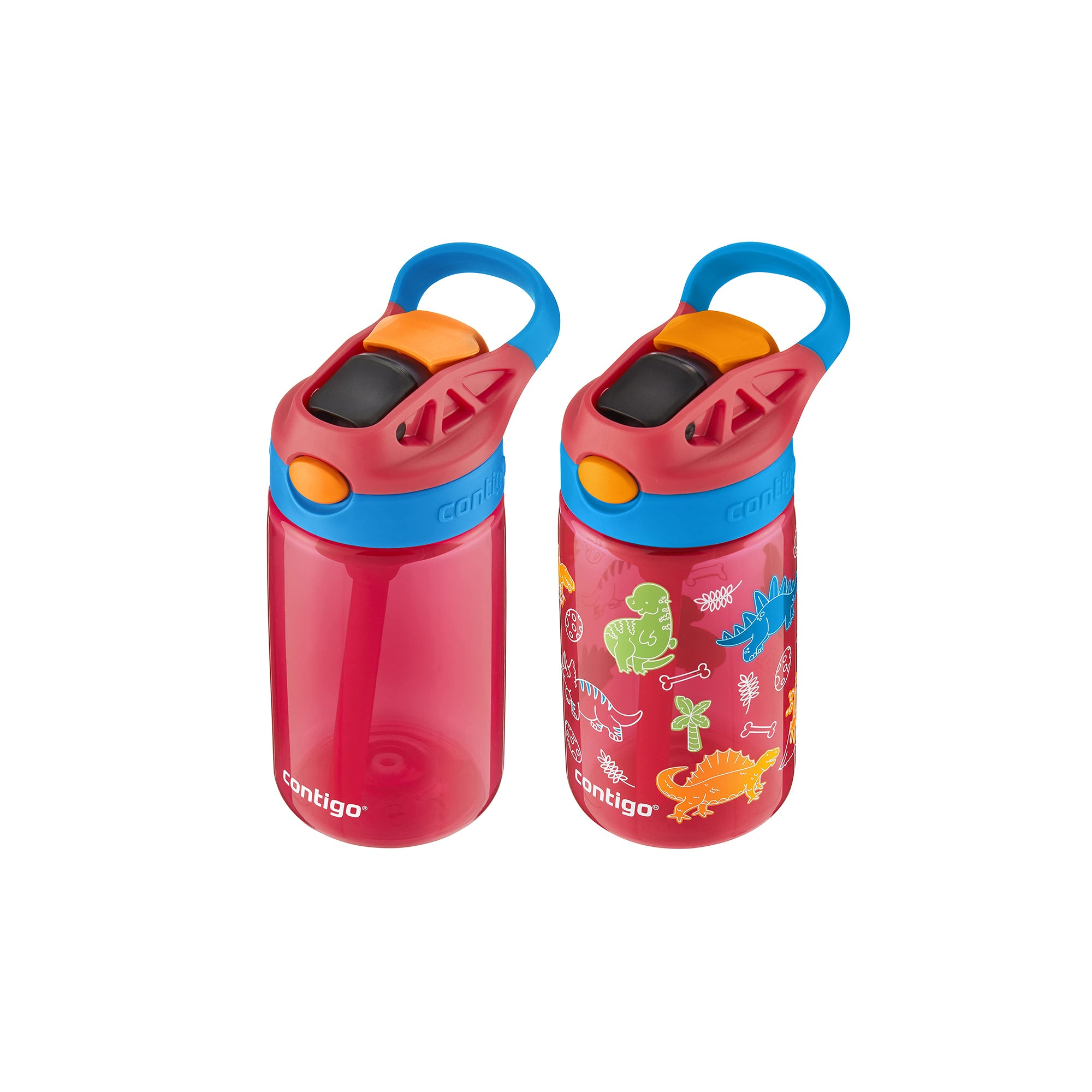 Contigo Kids Water Bottle with Redesigned AUTOSPOUT Straw, 14 oz, 2-Pack, Blue Poppy and Watermelon & Blue Poppy with Dinos