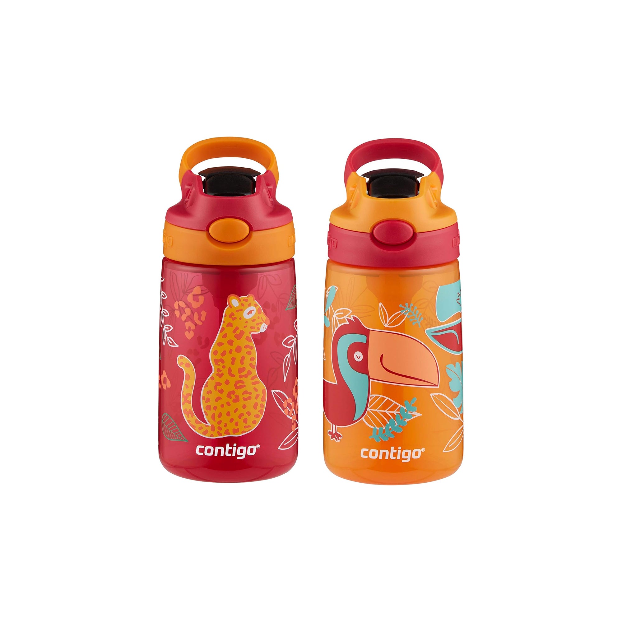 Contigo Aubrey Kids Cleanable Water Bottle with Silicone Straw and Spill-Proof Lid, Dishwasher Safe, 14oz 2-Pack, Cheetah & Toucans