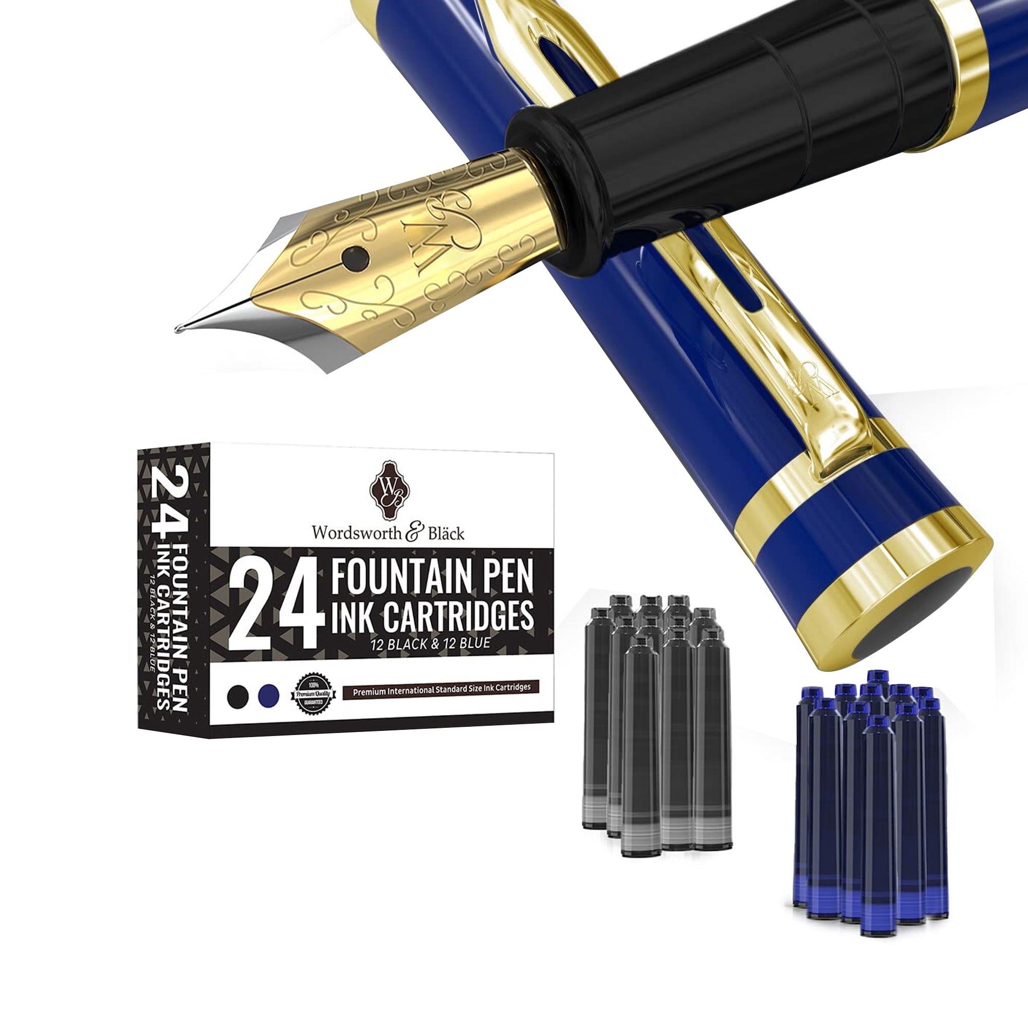 Wordsworth & Black Fountain Pen Set, 18K Gilded Medium Nib, Includes 24 Pack Ink Cartridges, Ink Refill Converter & Gift Pouch, Gold Finish,