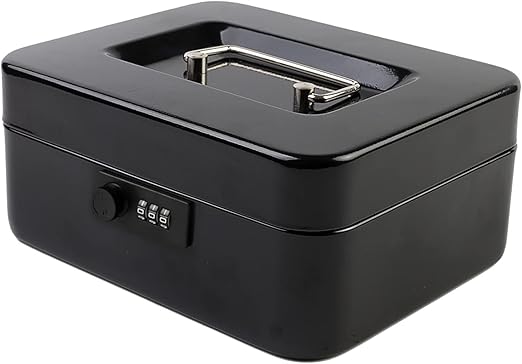 KYODOLED Medium Cash Box with Combination Lock Safe Metal Money Box with Money Tray for Security Lock Box 7.87"x 6.30"x 3.54" Black Medium
