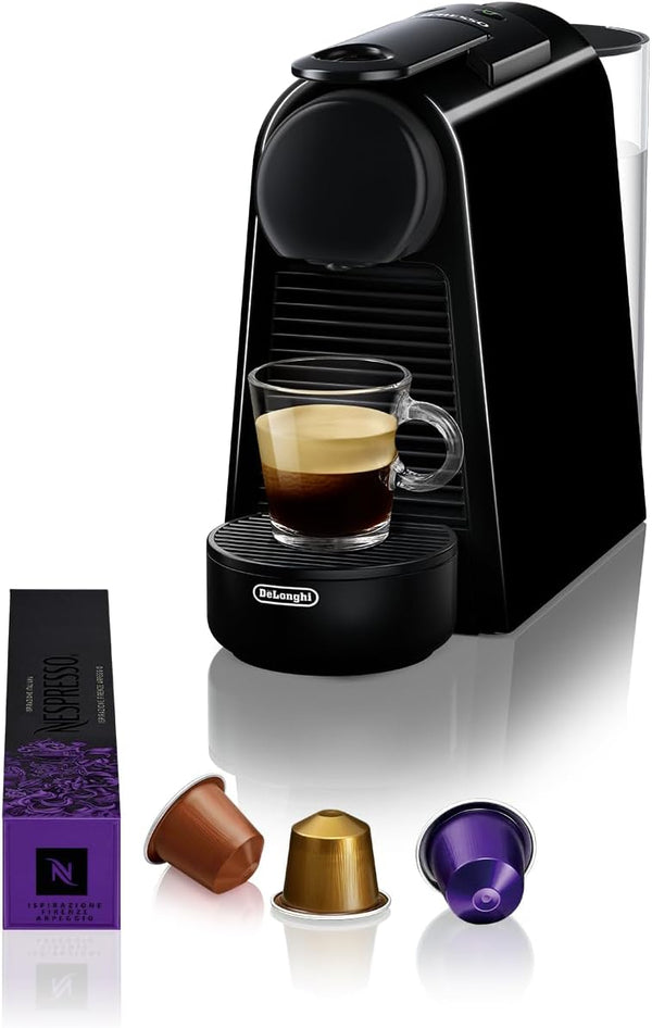 ماكينة كبسولات القهوة DeLonghi Nespresso Essenza Mini EN 85.B، مجموعة ترحيب مع كبسولات بنكهات مختلفة، 19 بار، ضغط المضخة، موفرة للمساحة، أسود