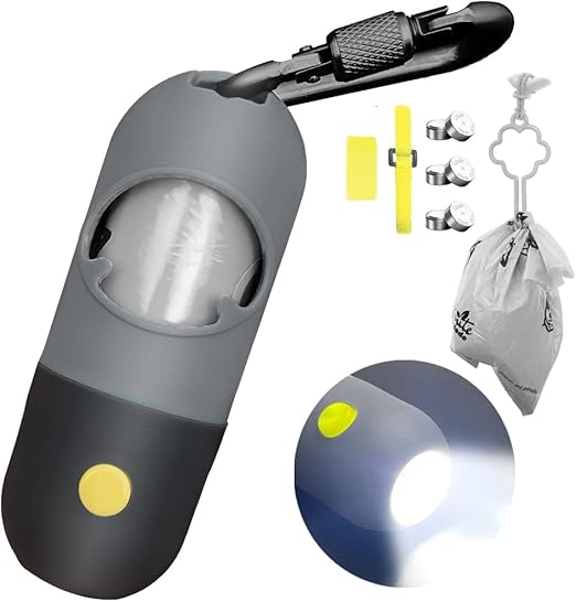 Dog Poop Bag Dispenser with Built-in LED Flashlight and Metal Clip for Leash, Pet Waste Bag Holder, Dog Walking Accessory, Black