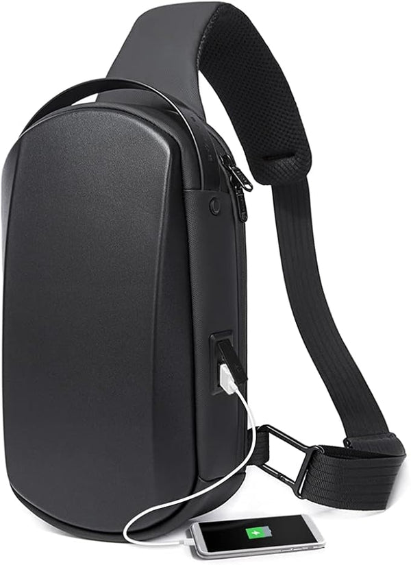 BANGE Sling Bag Waterproof Hiking Travel Shoulder Bag,Safe Protect Hard Shell Crossbody Bag Backpack, Black, Durable