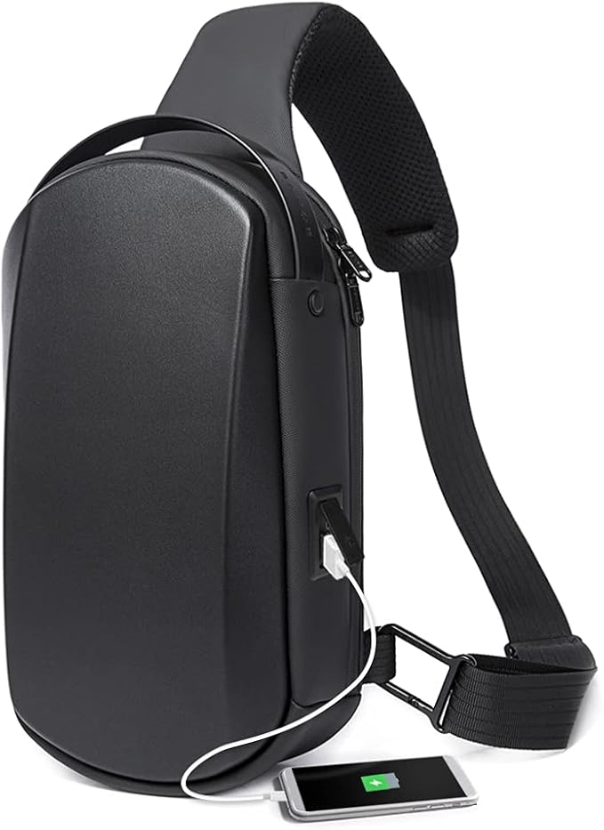 BANGE Sling Bag Waterproof Hiking Travel Shoulder Bag,Safe Protect Hard Shell Crossbody Bag Backpack, Black, Durable
