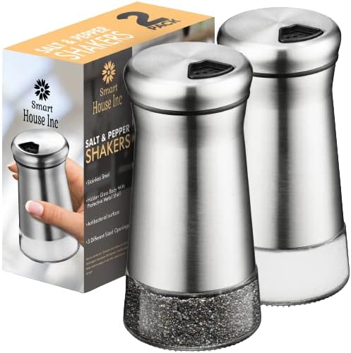 Salt and Pepper Shakers set - Spice Dispenser with Adjustable Pour Holes - Stainless Steel & Glass - Set of 2 Bottles By Smart House Inc