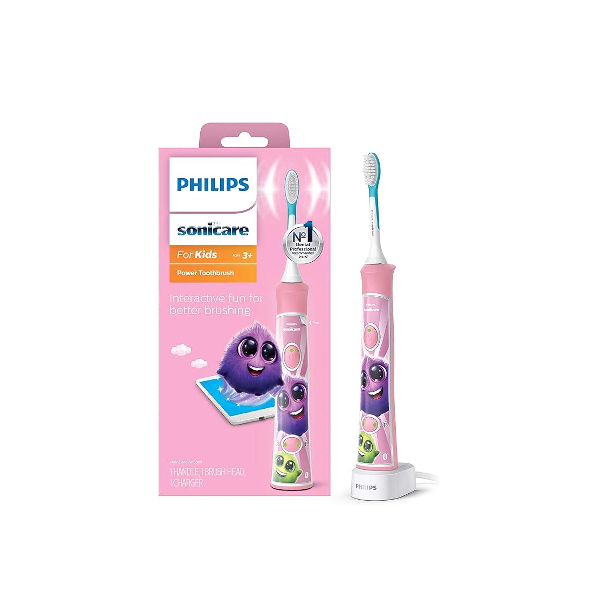 Philips Sonicare for Kids 3+ Bluetooth Connected Rechargeable Electric Power Toothbrush, Interactive for Better Brushing, Pink, HX6351/41