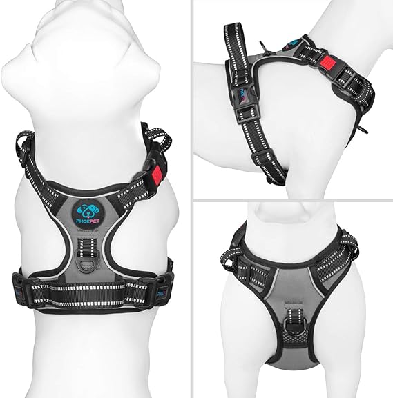 PHOEPET No Pull Dog Harness Medium Reflective Front Clip Vest with Handle,Adjustable 2 Metal Rings 3 Buckles,[Easy to Put on & Take Off](L,
