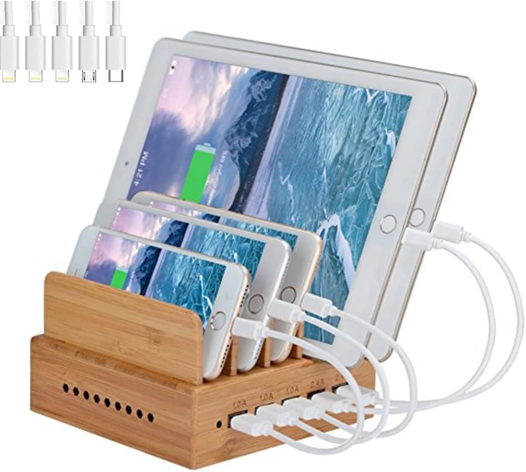 Yisen Wood Bamboo Charging Station 5-Ports Desktop Charging Organizer for Universal Cell Phones, Tablets and Other USB-Charged Devices