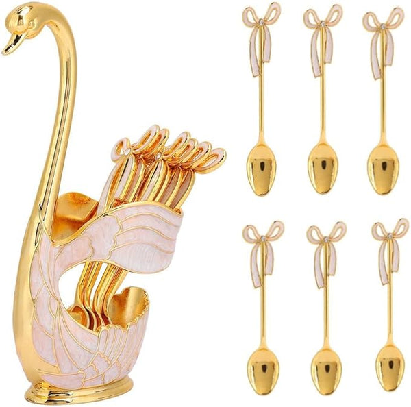 Metal Coffee Dessert Spoon Set, Fruit/Dessert Flatware Swan Base Holder Spoon Organizer with 6pcs Coffee Dessert Sugar Ice Cream Spoon(1)