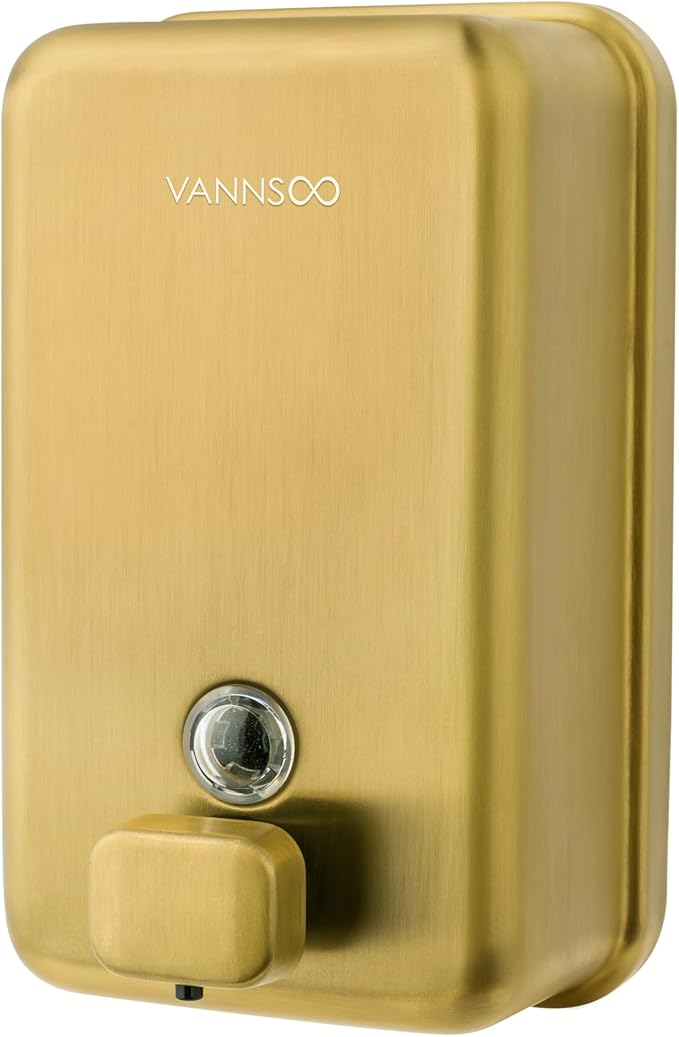 VANNSOO Wall Mounted Hand Soap Dispenser Bathroom, 1200ml 40oz Commercial Stainless Steel Liquid Soap Dispenser Wall Mount (Vertical Gold)
