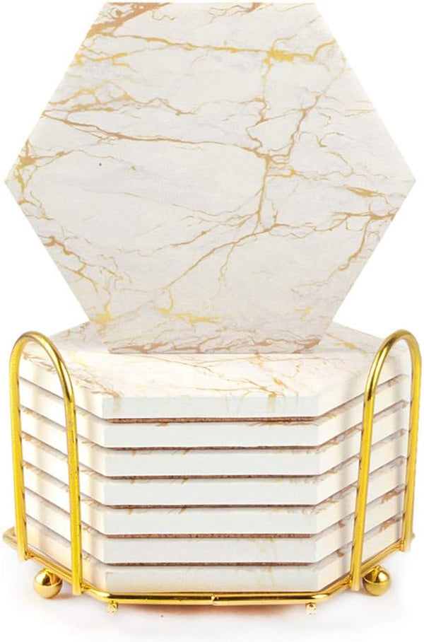 Marble Coasters for Drinks Absorbent with Cork Base, 8pcs Drink Coasters for Wooden Table with Metal Holder, Gold Ceramic Cup Coaster Set Ru