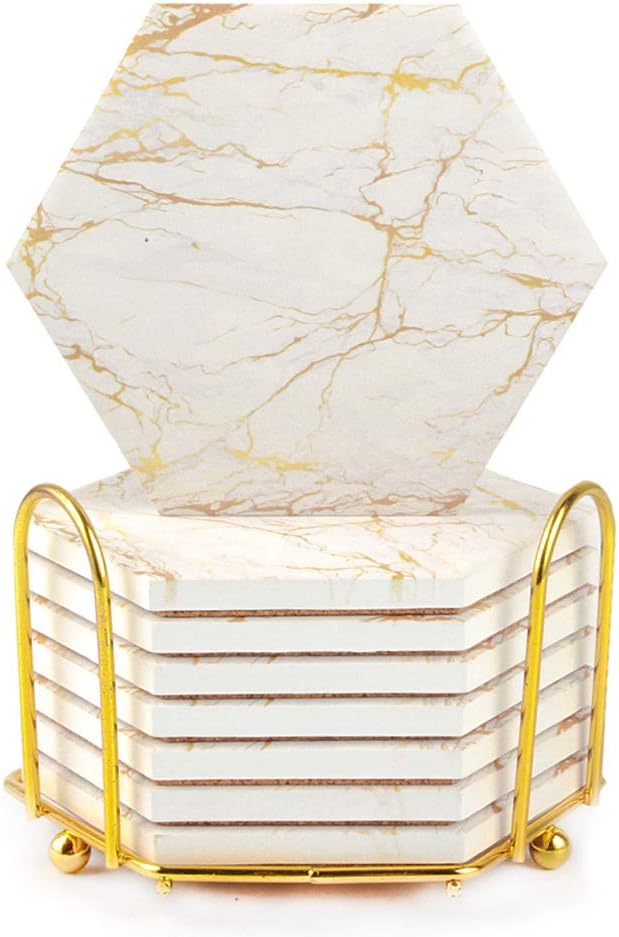 Marble Coasters for Drinks Absorbent with Cork Base, 8pcs Drink Coasters for Wooden Table with Metal Holder, Gold Ceramic Cup Coaster Set Ru