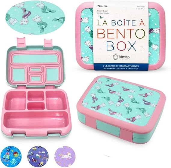 Kinsho Kids Bento Lunch Box 5 Portion Control Snack Container Aqua Cat Mermaid