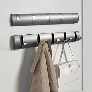 AISHEDYER Flip Coat Rack Wall Mount Floating Towel Rack, Aluminum Heavy Duty Wall Door Hanger with 5 Retractable Hooks to Hanging Clothes Ha