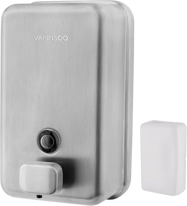 VANNSOO Wall Mounted Soap Dispenser Bathroom, 1100ml 37oz Commercial Stainless Steel Liquid Soap Dispenser Wall Mount (Vertical Brushed)