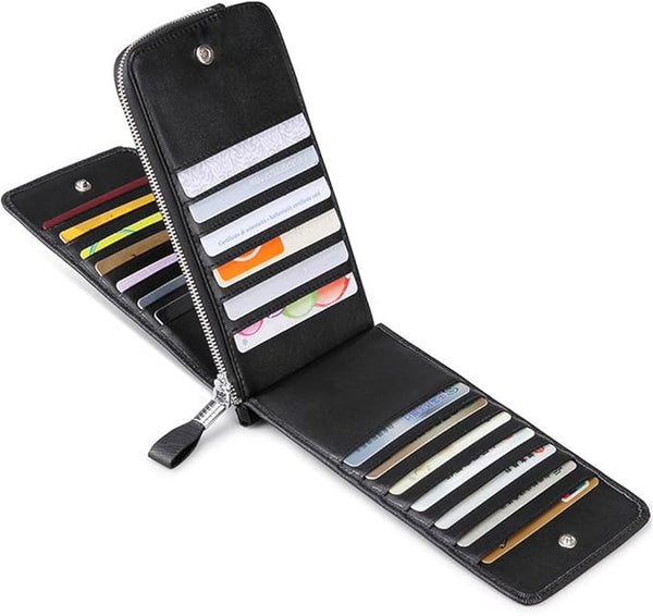 JEEBURYEE Women's Genuine Leather Multi Credit Card Holder Wallet RFID Blocking Long Bifold Clutch Wallet Ladies Purse with Zipper Pocket Bl