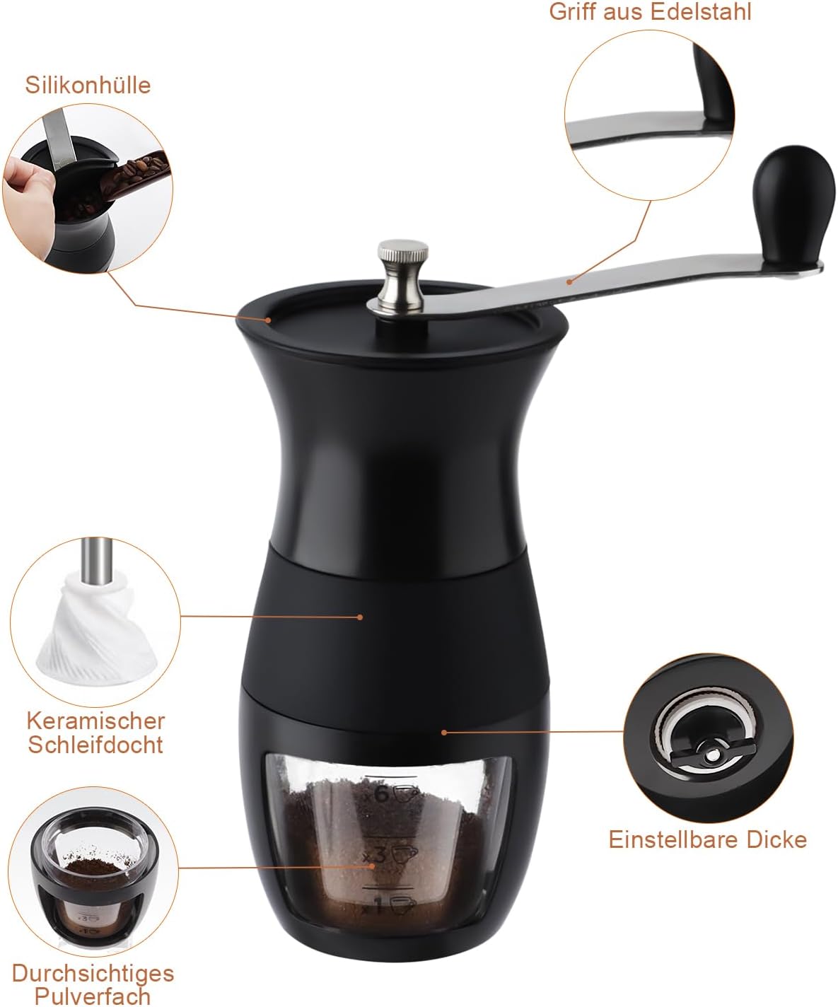 Manual Coffee Grinder, Adjustable Coffee Grinder, Espresso Grinder, Washable, with Coffee Brush, for Grinding Coffee and Storing Ground Coff