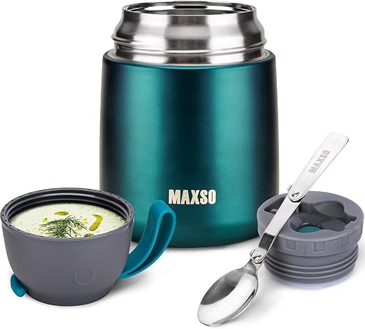 MAXSO Soup Thermos for Hot & Cold Food for Adults Kids, 17 oz Vacuum Insulated Steel Lunch Container Bento Box with Spoon, Leakproof Thermal