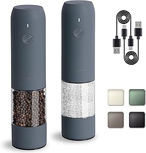 Electric Salt and Pepper Mill Set of 2 USB Rechargeable Adjustable Coarseness Grinder with LED Light