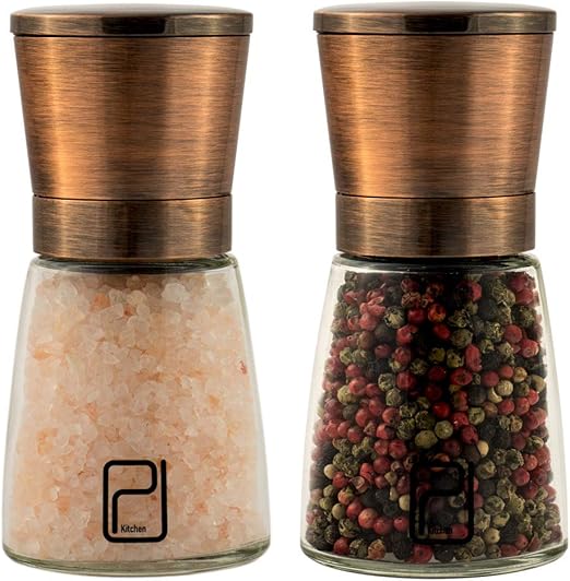 Premium Copper Salt and Pepper Mill Set - Stainless Steel Grinder Set with Stand, Magnetic Lids, Ceramic Spice Grinders with Adjustable Coar