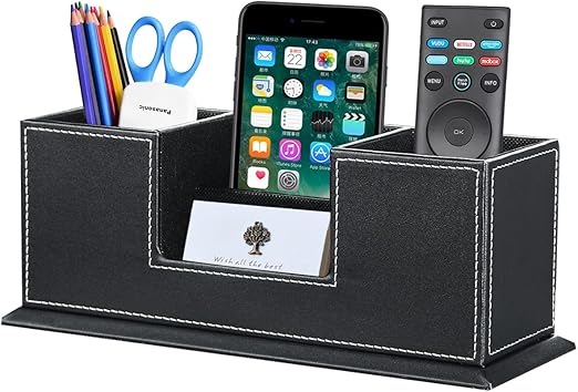 Office Pencil Holder PU Leather Multifunctional Desk Supplies Organizer for Pen/Pencil/Business Cards/Phone/TV Remote Control Stationery Acc