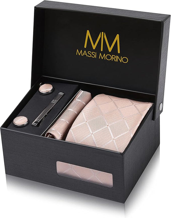 Massi Morino Men's Tie with Pocket Square Set Including Cufflinks, Tie Clip and Gift Box - Men's Tie Set for Wedding, champagne square, One