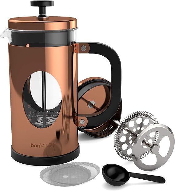 BonVivo® GAZETARO Designer Coffee Maker and French Press Coffee Maker, Glass Coffee Pot with Stainless Steel Frame & Stainless Steel Filter